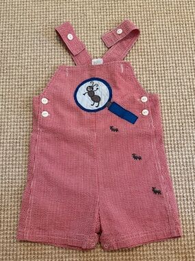 Red Gingham Kids Overalls with ants/magnifying glass Appliqué